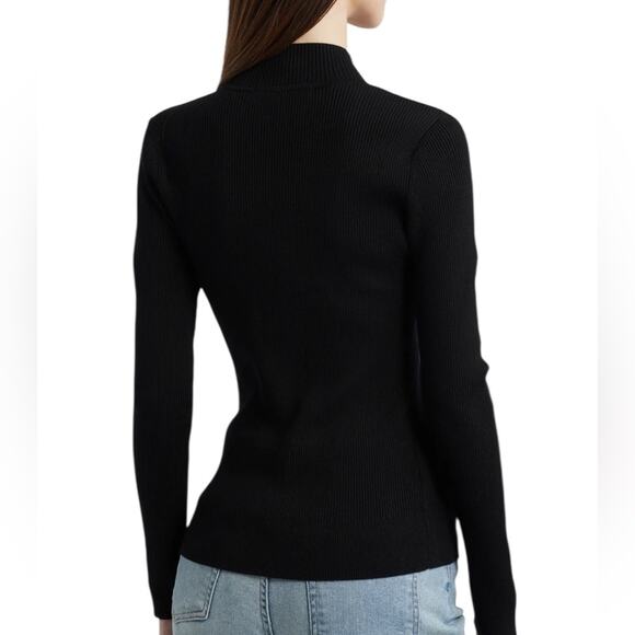 DKNY Ribbed Stripe Quarter Zip Mock Neck Long Sleeve Sweater - Med - Picture 3 of 7